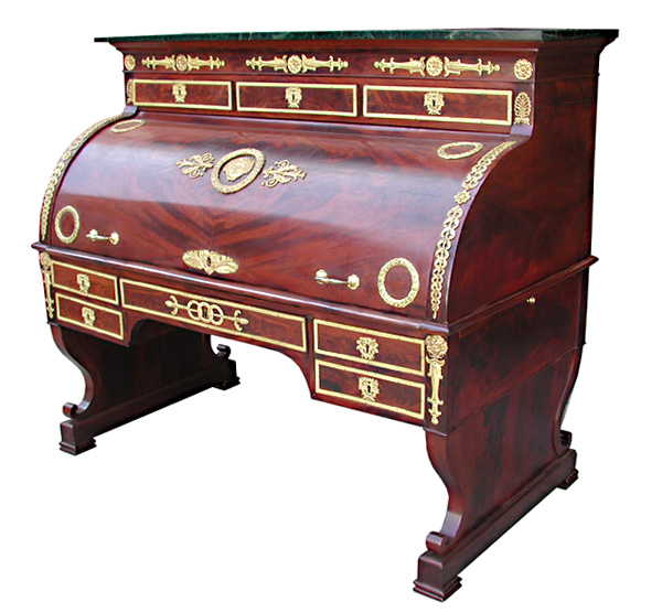06.5102 French Empire Cylinder Desk w/Bronze Trim.