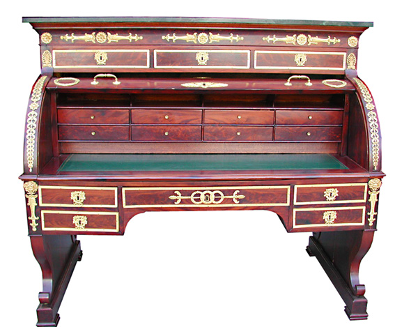 06.5102 French Empire Cylinder Desk w/Bronze Trim.