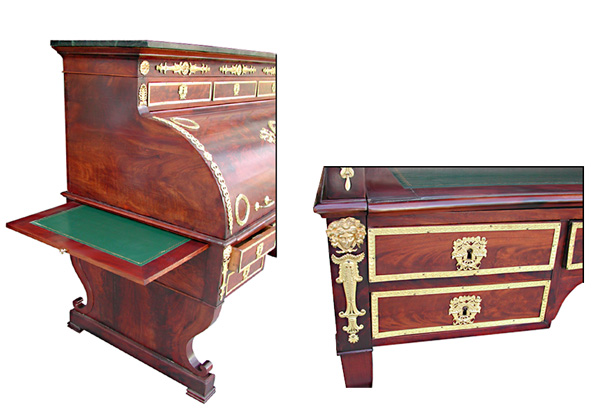 06.5102 French Empire Cylinder Desk w/Bronze Trim.