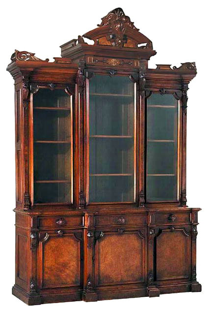 24.6343 Antique Renaissance Revival Burled Walnut Breakfront Bookcase