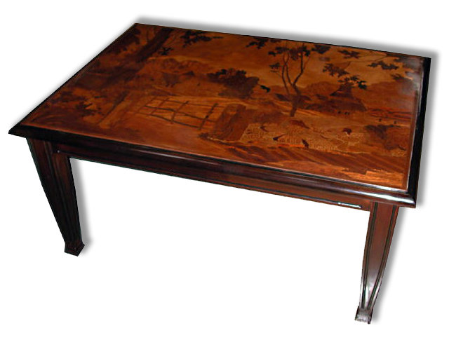 19.5500 Inlaid Art Nouveau Coffee Table with Tree & House Scene