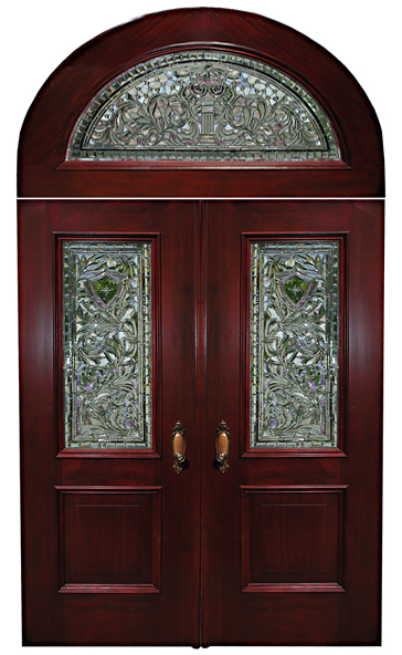 66.6128 Mahogany Stained Glass Entry Way with Two Doors & Transom