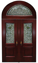 66.6128 Mahogany Stained Glass Entry Way with Two Doors & Transom