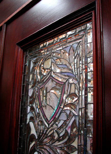 66.6128 Mahogany Stained Glass Entry Way with Two Doors & Transom