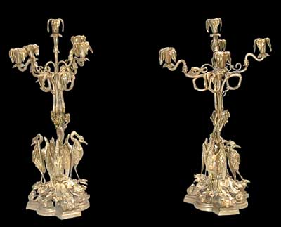 64.383 Pair of American Bronze Candelabra w/Herons at Base.