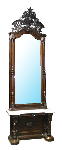 54.6450 Victorian Carved Walnut Marble Top Pier Mirror w/Pierce Carved Crest.