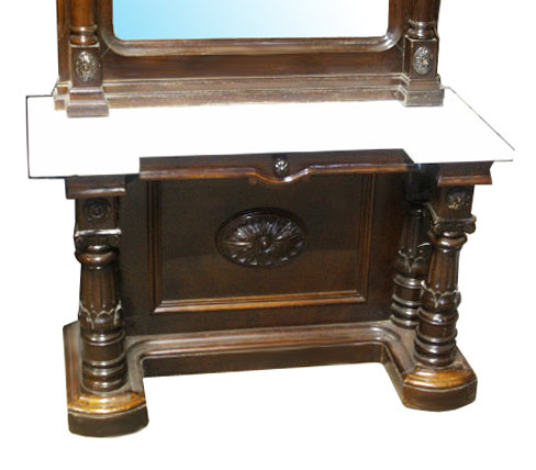 54.6450 Victorian Carved Walnut Marble Top Pier Mirror w/Pierce Carved Crest.
