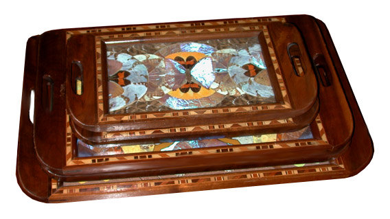 81.6453 Set of 5 Art Deco Walnut Decending Trays w/Decorated Inlaid Butterflies