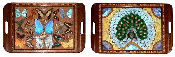 81.6453 Set of 5 Art Deco Walnut Decending Trays w/Decorated Inlaid Butterflies