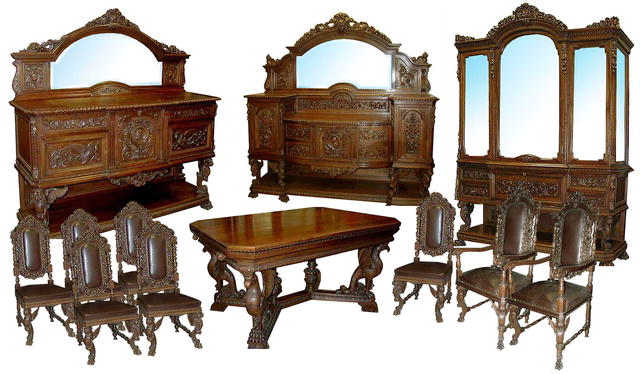 Antique Carved Figural 12-piece Dining Suite in Walnut