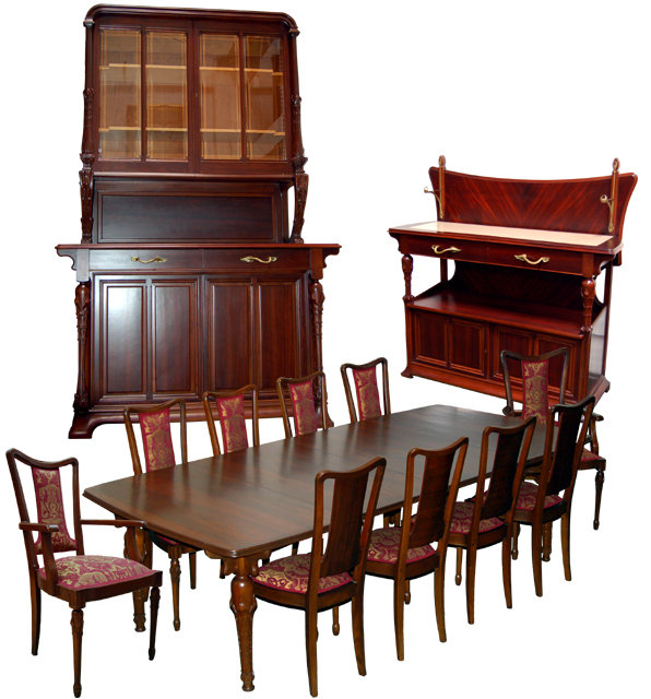 43.1179 13-Pc. French Art Nouveau Mixed Wood Dining set by Hector Guimard