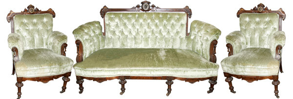 33.6497 American Carved Walnut 3-Pc. Sofa Set w/Bronze Medallion c. 1870