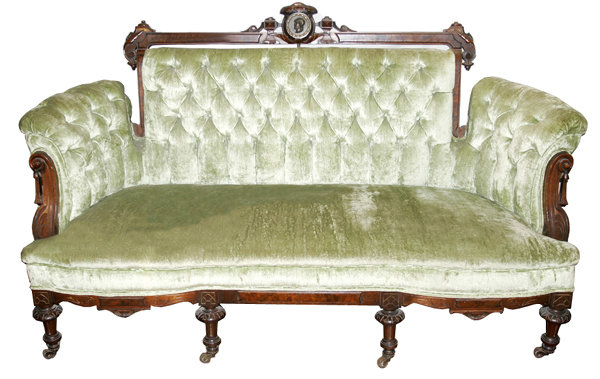 33.6497 American Carved Walnut 3-Pc. Sofa Set w/Bronze Medallion c. 1870