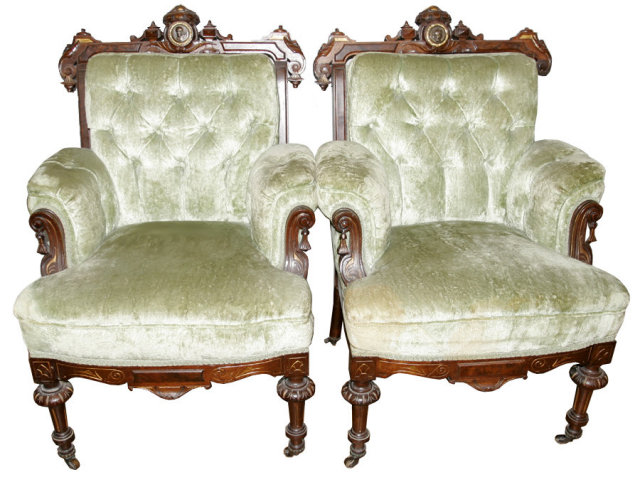 33.6497 American Carved Walnut 3-Pc. Sofa Set w/Bronze Medallion c. 1870