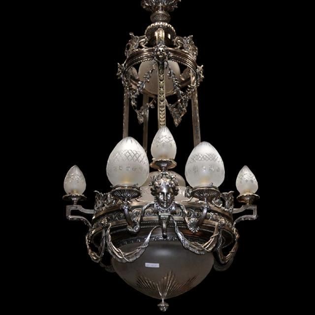 6991 Silver Over Bronze Chandelier with Female Masks