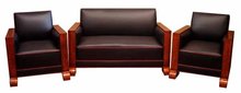 32.6547 3 Pc Art Deco Couch Set Upholstered in Black Leather with Red Pinstriping c. 1920