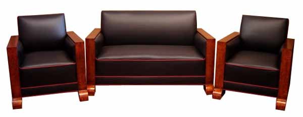 32.6547 3 Pc Art Deco Couch Set Upholstered in Black Leather with Red Pinstriping c. 1920