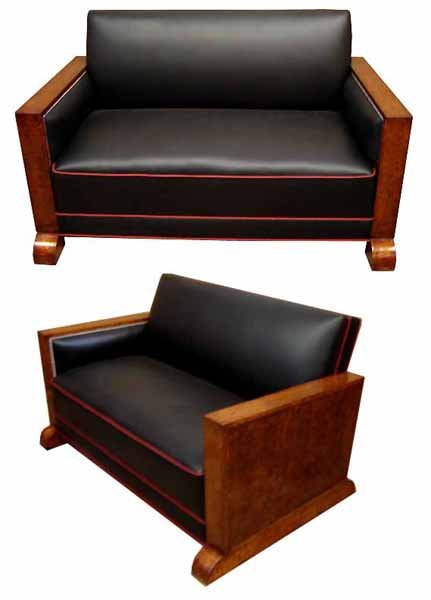 32.6547 3 Pc Art Deco Couch Set Upholstered in Black Leather with Red Pinstriping c. 1920