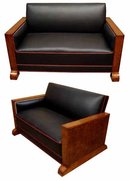 32.6547 3 Pc Art Deco Couch Set Upholstered in Black Leather with Red Pinstriping c. 1920