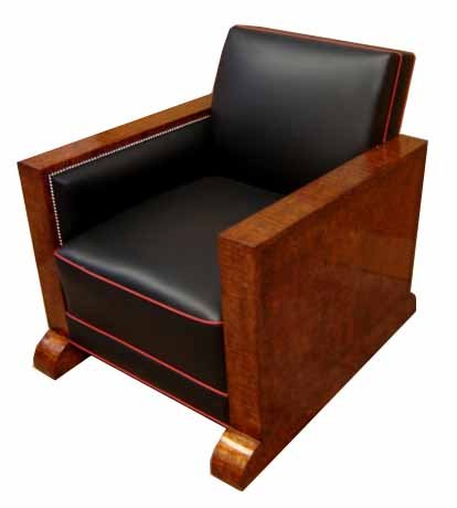 32.6547 3 Pc Art Deco Couch Set Upholstered in Black Leather with Red Pinstriping c. 1920