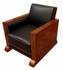 32.6547 3 Pc Art Deco Couch Set Upholstered in Black Leather with Red Pinstriping c. 1920