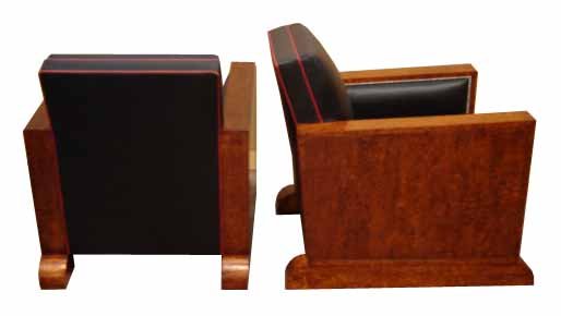 32.6547 3 Pc Art Deco Couch Set Upholstered in Black Leather with Red Pinstriping c. 1920