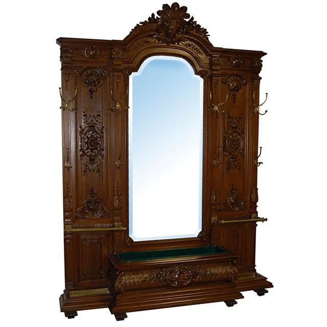 7055 French Style Carved Walnut & Marble Hall Mirror