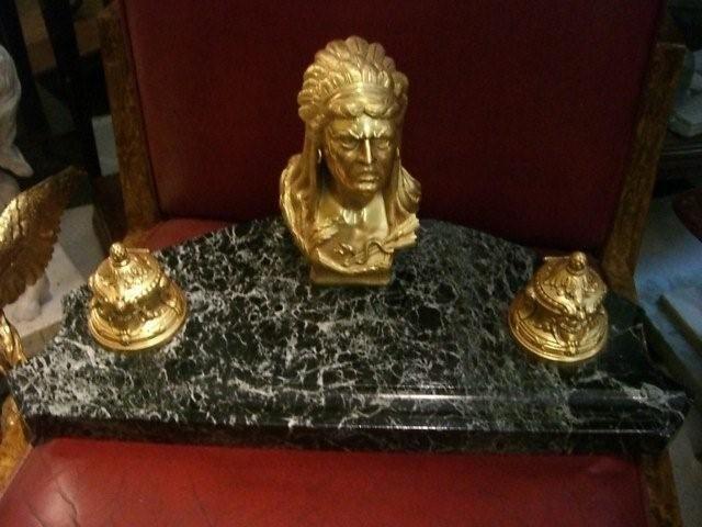 7071 Bronze Indian Head Inkwell with Marble Base