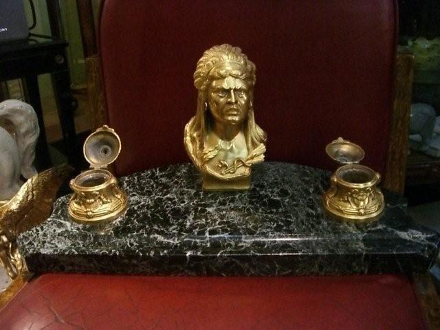 7071 Bronze Indian Head Inkwell with Marble Base