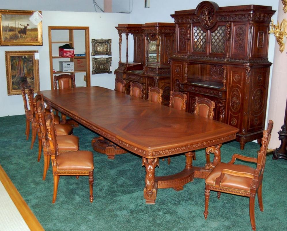 6484 19th C. 15-Piece Italian Walnut Mannerist Style Figural Carved Dining Set