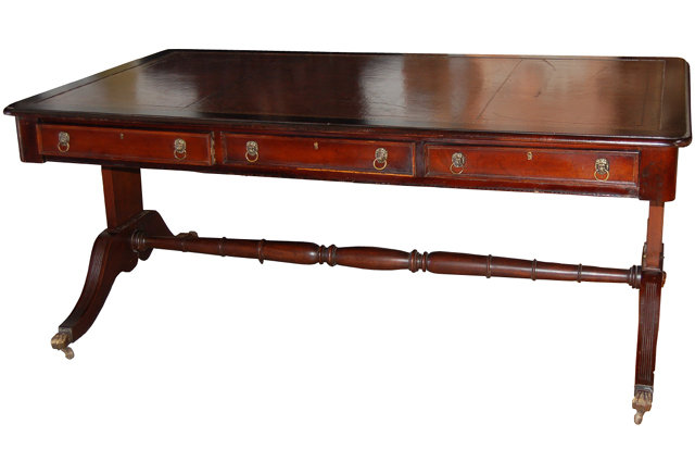 11.1056 English Sheraton Style Mahogany Library Table w/Leather Top