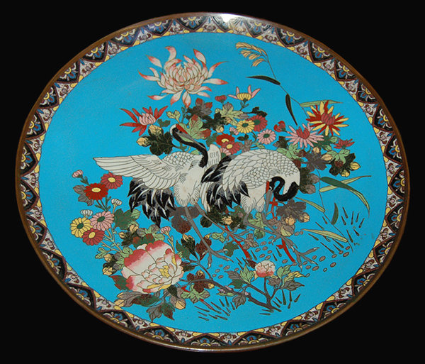 82.6744 19th C. Cloisonné Charger with Birds & Flowers