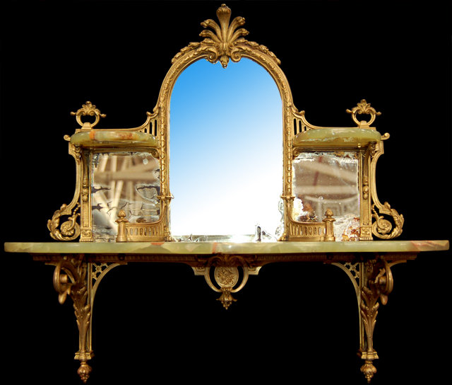 6783 Vintage Onyx and Brass Mirrored Wall Shelf