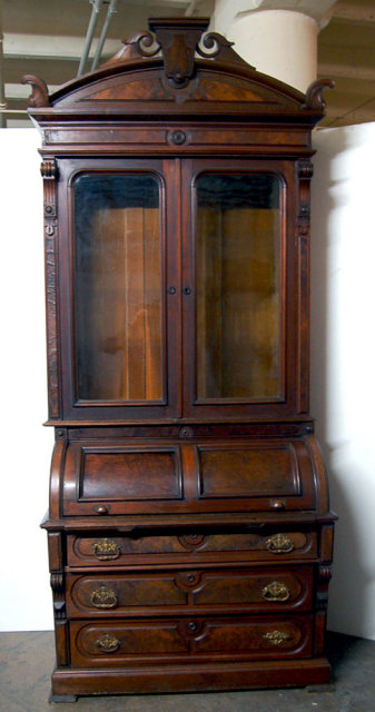 23.6787 Antique Renaissance Revival Burled Walnut Cylinder Secretary Desk