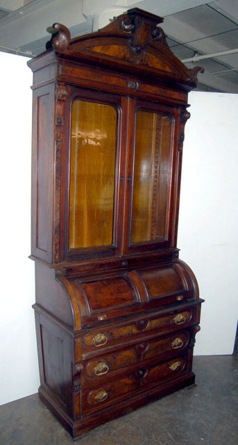 23.6787 Antique Renaissance Revival Burled Walnut Cylinder Secretary Desk