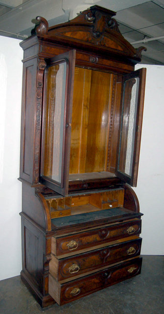 23.6787 Antique Renaissance Revival Burled Walnut Cylinder Secretary Desk