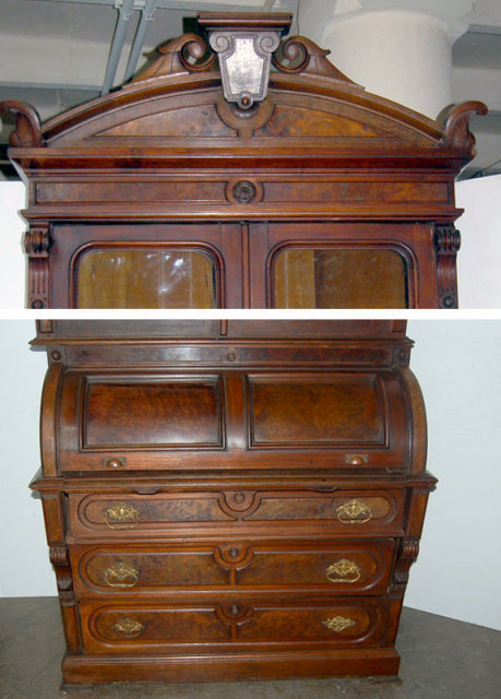 23.6787 Antique Renaissance Revival Burled Walnut Cylinder Secretary Desk