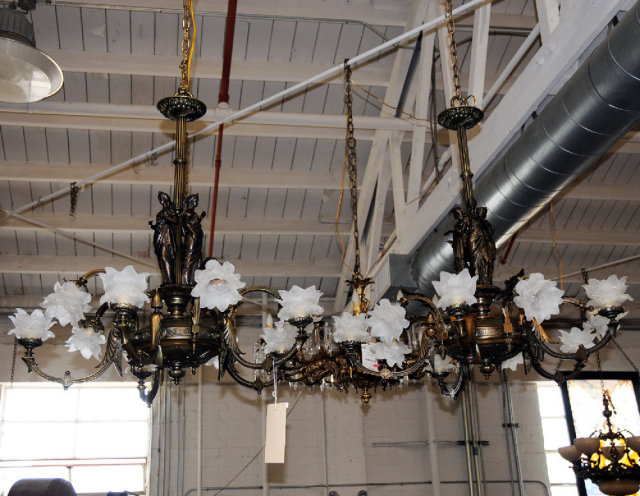 7014 Pair of Figural Gas Bronze Chandeliers