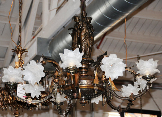 7014 Pair of Figural Gas Bronze Chandeliers