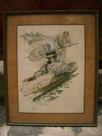 7048 Antique Print of Woman on Gondola