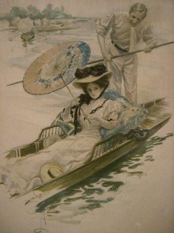 7048 Antique Print of Woman on Gondola