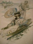 7048 Antique Print of Woman on Gondola