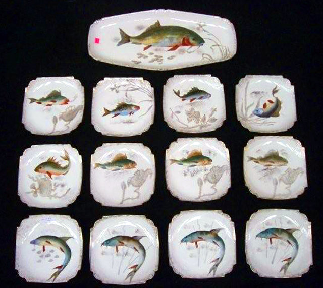 7002 19th C. 13-Piece Hand Painted Fish Plate Set