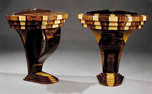 20.7154 Pair of Art Deco Laminated Exotic Woods Demilune Consoles
