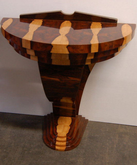 20.7154 Pair of Art Deco Laminated Exotic Woods Demilune Consoles