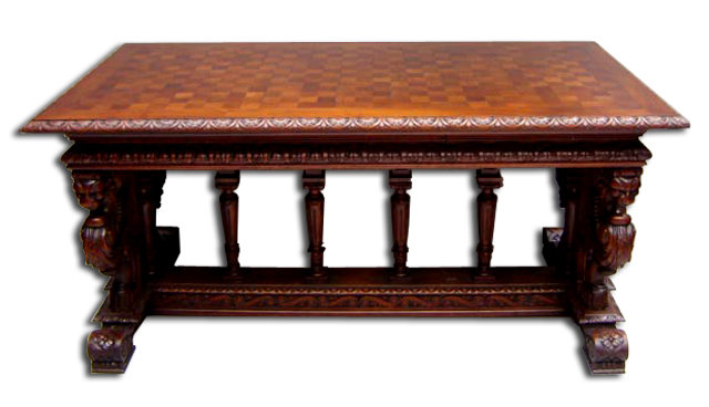 7166 Carved Library Table with Parquetry Top