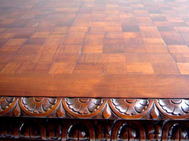 7166 Carved Library Table with Parquetry Top