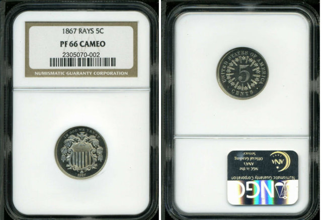 C0091 Proof Shield Nickel, 1867 NGC 5C PR66 Cameo with Rays