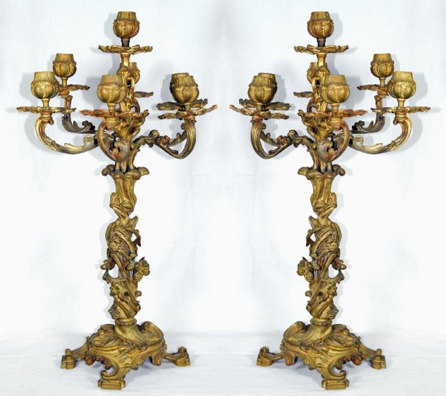 64.376 Pair of Ornate French Doré Bronze Candelabras