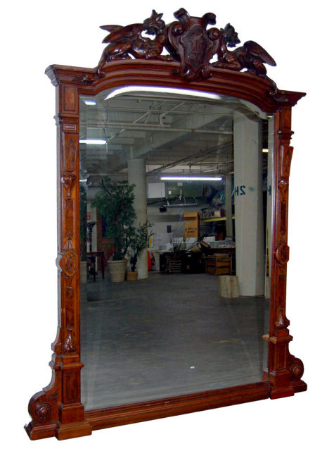 33.7196 Antique Renaissance Revival Carved Mahogany & Burl Walnut Mirror